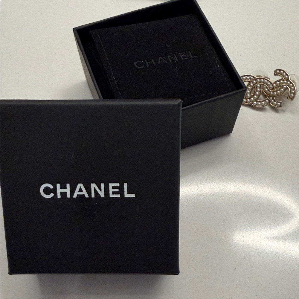 CHANEL Gold and Cream Pearl Logo Earrings - Picture 6 of 6